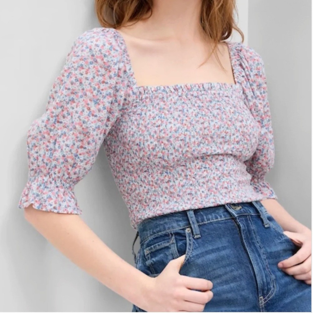 GAP Puff Sleeve Smocked Peplum Top Floral Peasant Blouse Large Cottagecore NWT